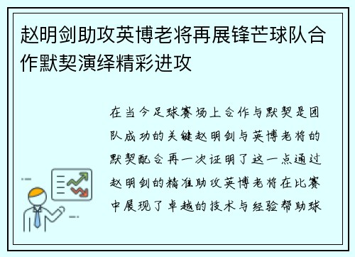 赵明剑助攻英博老将再展锋芒球队合作默契演绎精彩进攻